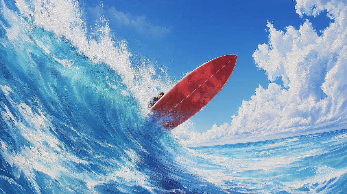 Red Surfboard Wave Crest Mural Wallpaper | High Angle, Bright Blue Sky, Impressionistic Art