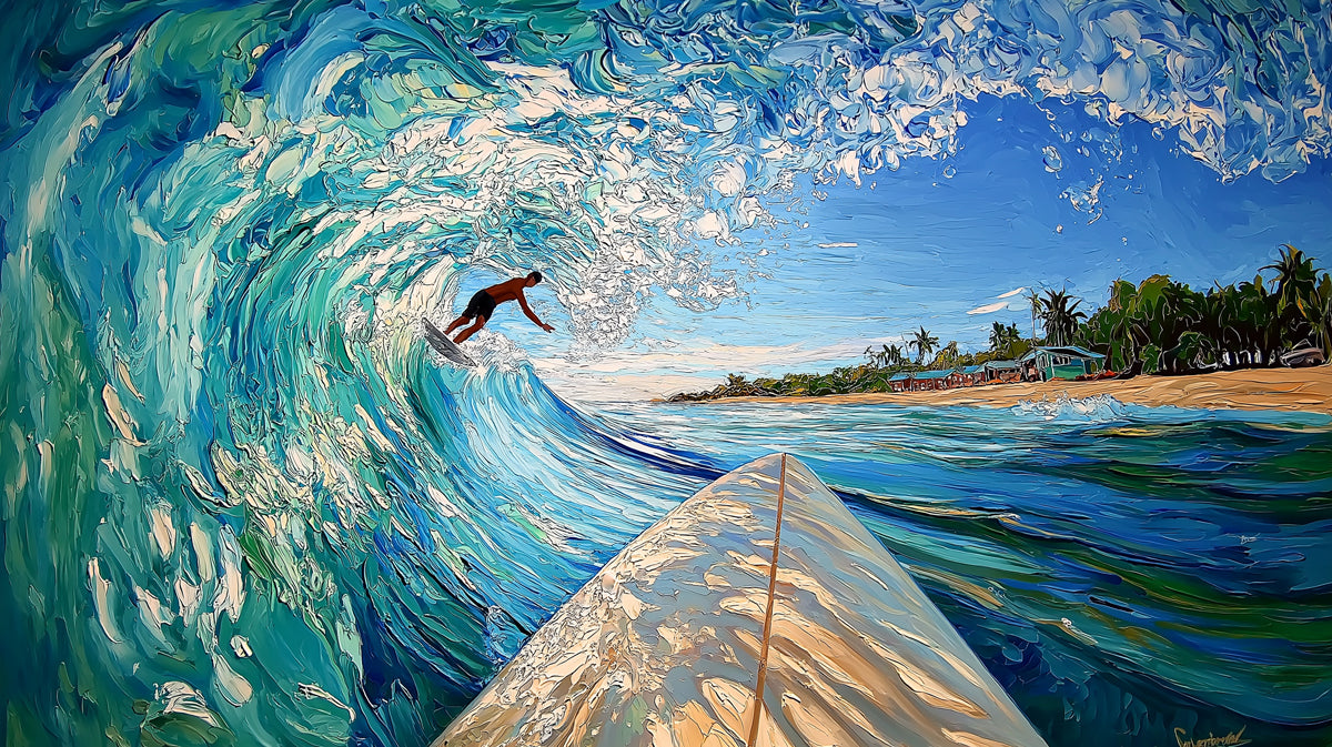 First-Person Perspective Surf Mural Wallpaper | Impasto Turquoise Wave, Beach Foreground, Tropical Vibe