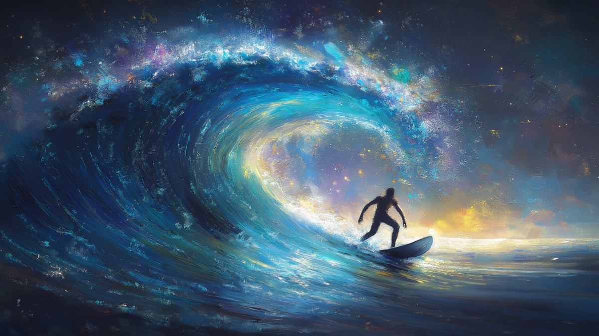 Starry Night Ocean Wave Mural Wallpaper | Cosmic Surf, Blue and Purple Nebula, Impressionist