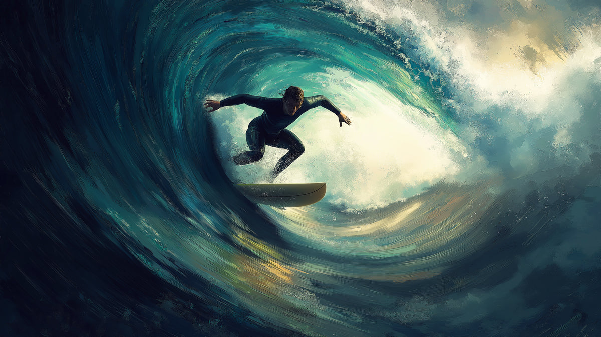 Intense Barrel Wave Surfer Mural Wallpaper | Dark Tonal, Teal and Gold Contrast, Cinematic Focus