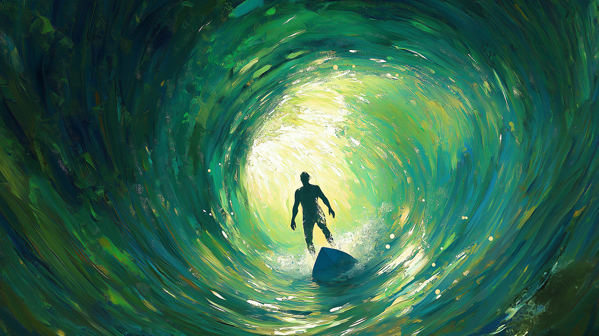 Green Swirling Barrel Wave Mural Wallpaper | Monochrome Green, Impasto Texture, Solo Surfer Silhouette