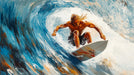 Surfer riding a wave in an abstract painting style