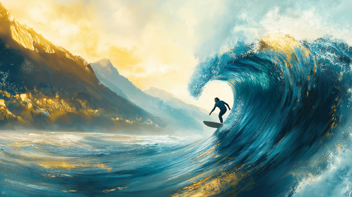 Surfer riding a large wave with mountains in the background