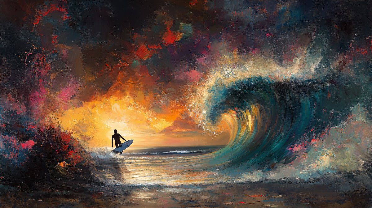 Surfer on a surfboard amidst a dramatic wave and fiery sky