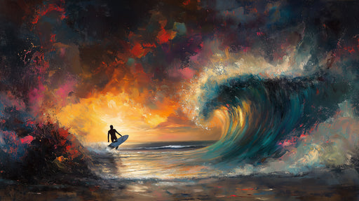 Surfer on a surfboard amidst a dramatic wave and fiery sky