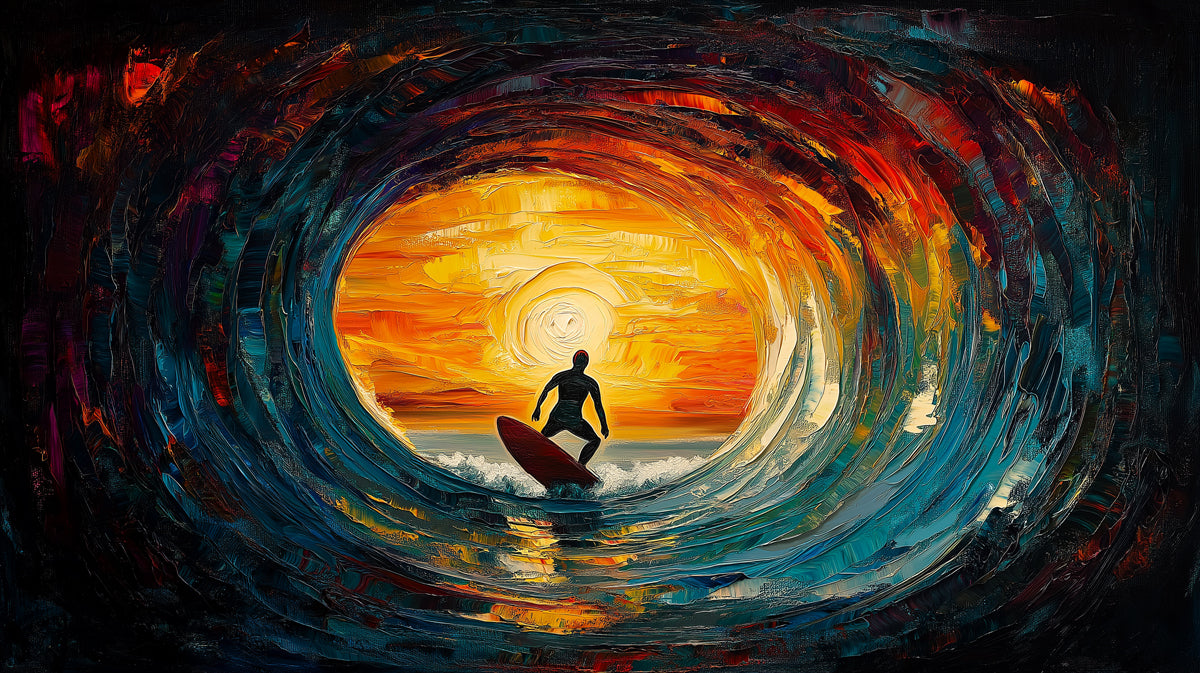 Fire and Ice Barrel Wave Mural Wallpaper | High-Contrast Sunset, Surfer Silhouette, Impasto Art