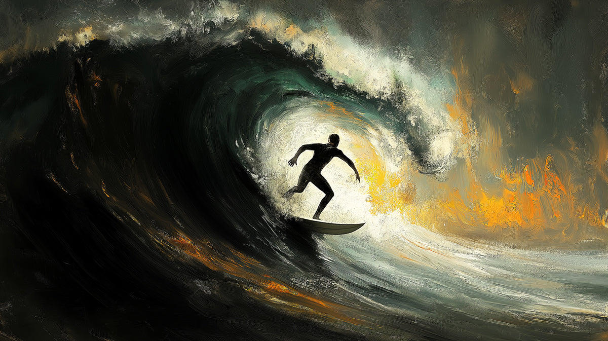 Dark and Moody Barrel Wave Surfer Mural Wallpaper | Low-Key Lighting, Dramatic Shadows, Textured