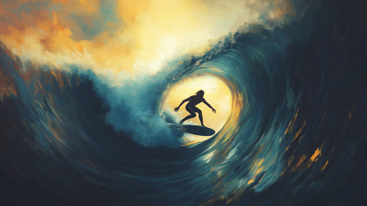Golden Backlit Barrel Wave Surfer Mural Wallpaper | Warm Glow, Deep Blue Water, Dramatic Silhouette