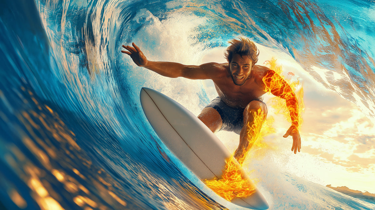 Surfer with Fiery Effect Mural Wallpaper | Blue Wave, Orange Flame Accents, Hyper-Realistic Action