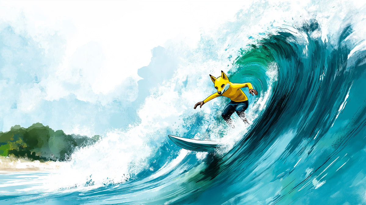 Fox Surfer Cartoon Mural Wallpaper | Whimsical Illustration, Teal Water, Light and Playful