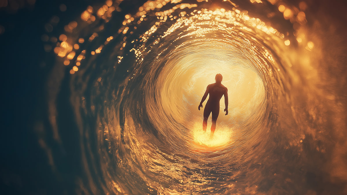Person walking through a tunnel of water with a warm glow