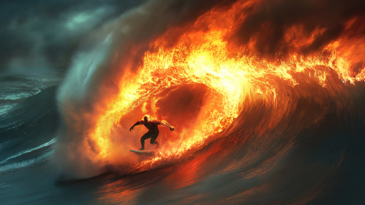 Surfer in Fiery Barrel Wave Mural Wallpaper | Intense Orange and Red Glow, Dramatic Action, Fantasy
