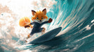 Animated fox character surfing on a wave