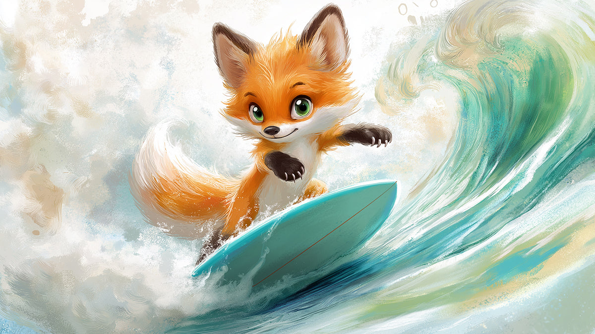 Close-Up Cute Fox Surfer Mural Wallpaper | Bright Water, Detailed Fur, Whimsical Character Focus