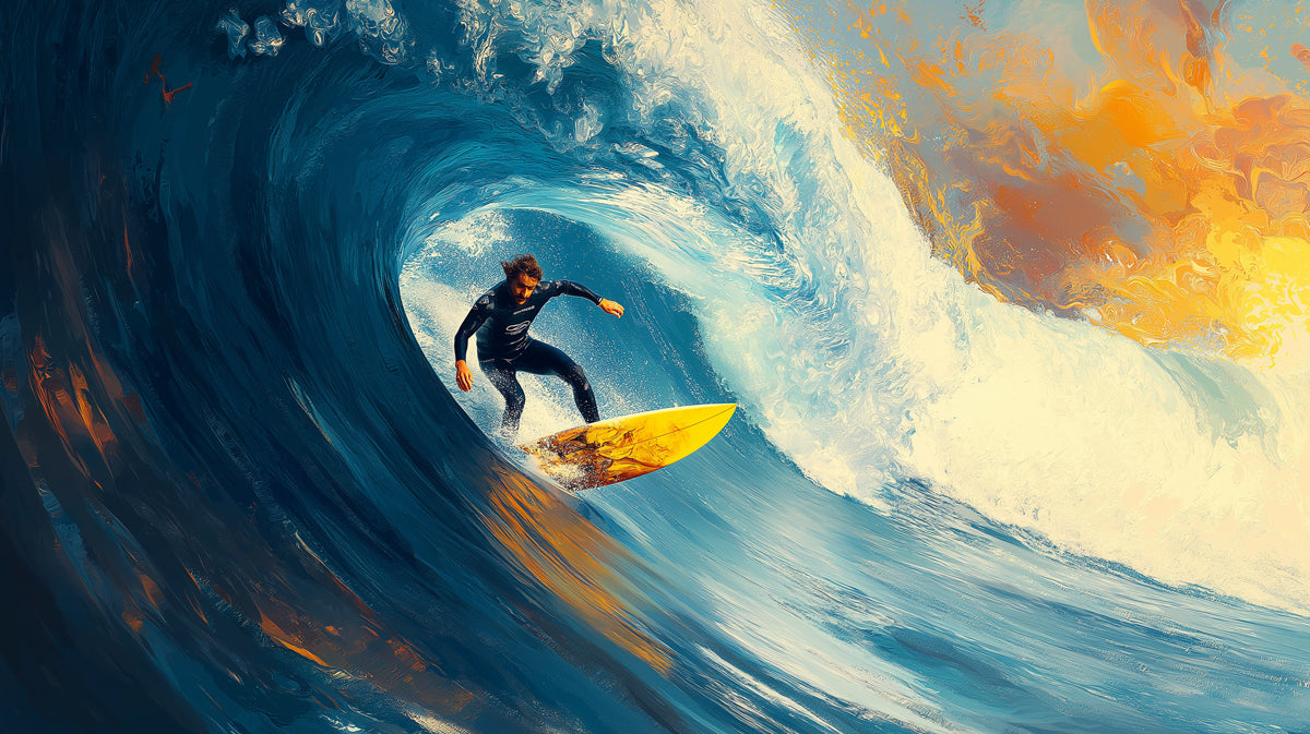 Surfer in Blue and Yellow Barrel Mural Wallpaper | Impasto Texture, Dynamic Sunset Light, Cool/Warm Contrast