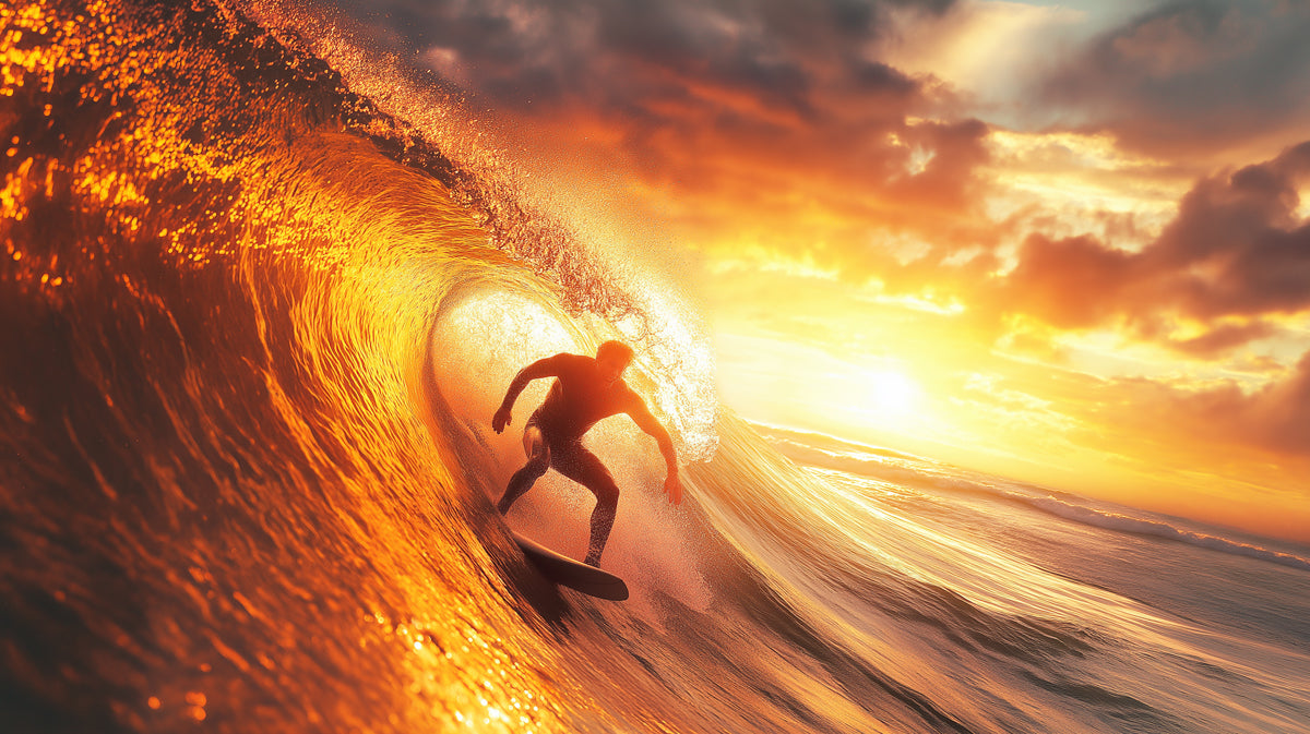 Golden Sunset Barrel Surfer Silhouette Mural | Intense Warm Glow, Silhouette Action, High Drama