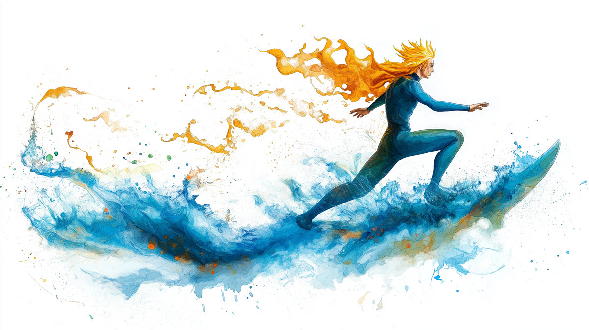 Abstract Surfer with Fiery Hair Mural Wallpaper | Watercolor Style, Dynamic Movement, White Background