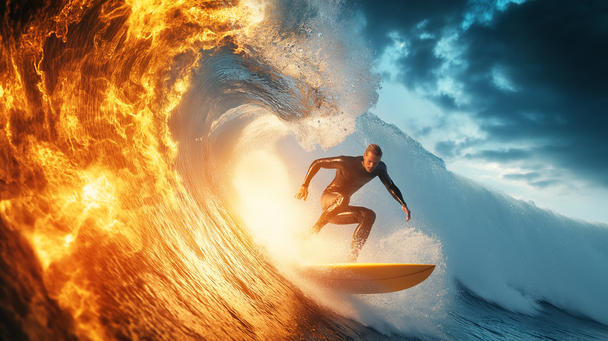 Fire and Water Barrel Wave Mural Wallpaper | Split Contrast, Surfer in Golden Light, Intense Action