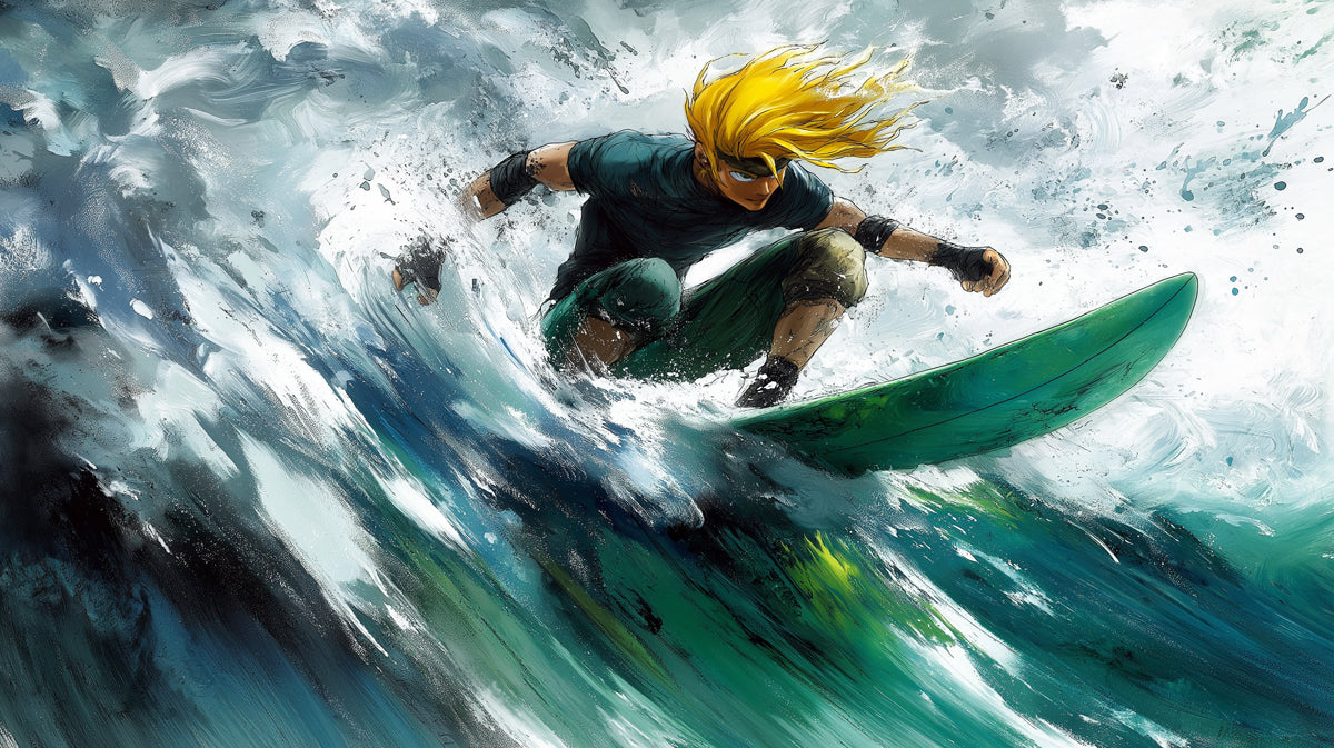 Anime-Style Surfer Action Mural Wallpaper | Dynamic Brushwork, Vibrant Green Board, High Energy