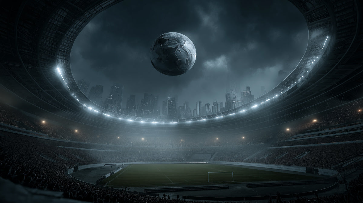 Dramatic Soccer Stadium Night Mural Wallpaper | Monochrome Cityscape, Gloomy Sky, High-Contrast Sports Art