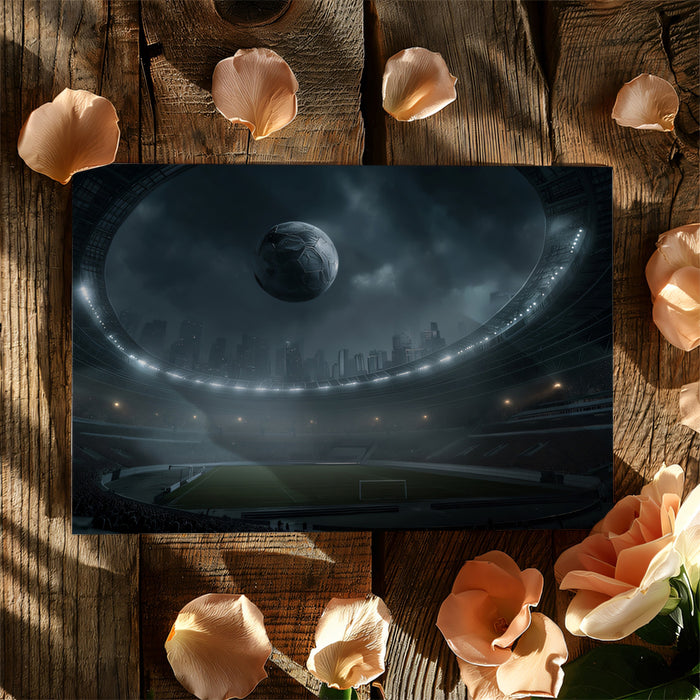 Dramatic Soccer Stadium Night Mural Wallpaper | Monochrome Cityscape, Gloomy Sky, High-Contrast Sports Art