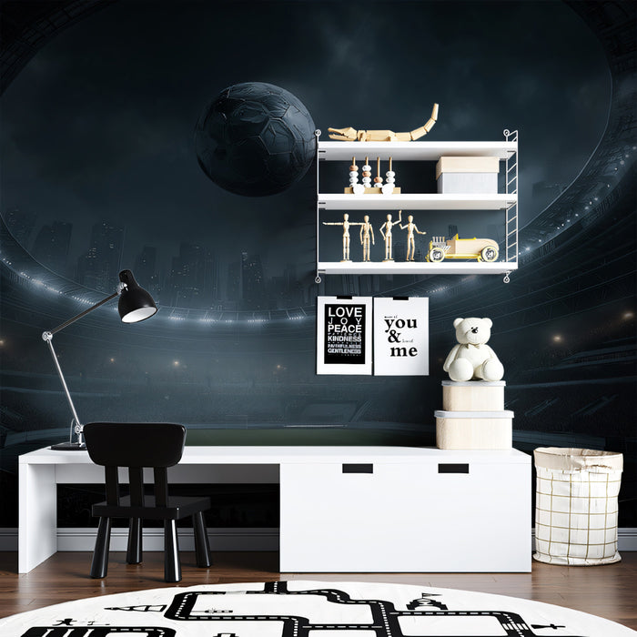 Dramatic Soccer Stadium Night Mural Wallpaper | Monochrome Cityscape, Gloomy Sky, High-Contrast Sports Art