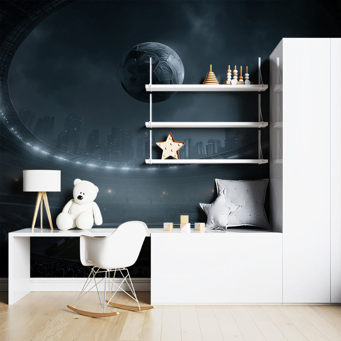 Dramatic Soccer Stadium Night Mural Wallpaper | Monochrome Cityscape, Gloomy Sky, High-Contrast Sports Art