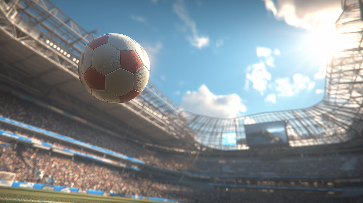 Match Day Ball in Air Mural Wallpaper | Sunny Stadium View, Wide Angle, Bright Sports Photography
