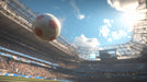 Soccer ball floating in mid-air above a blurry stadium background with bright sun flare