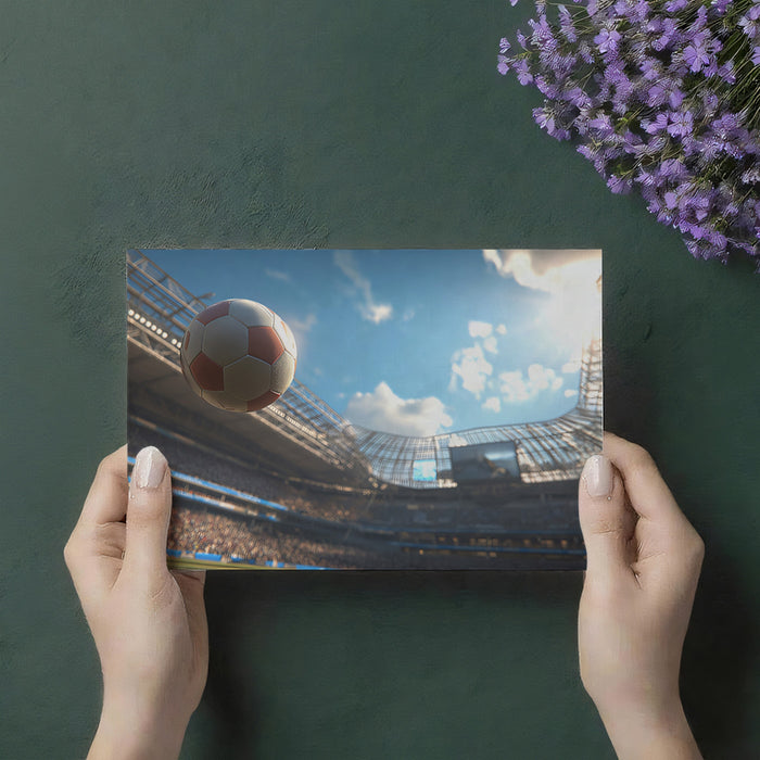 Match Day Ball in Air Mural Wallpaper | Sunny Stadium View, Wide Angle, Bright Sports Photography