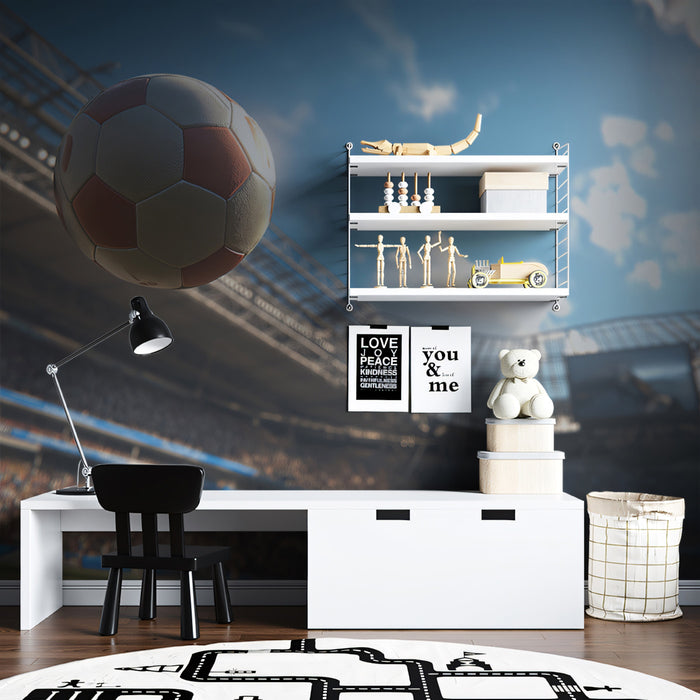 Match Day Ball in Air Mural Wallpaper | Sunny Stadium View, Wide Angle, Bright Sports Photography