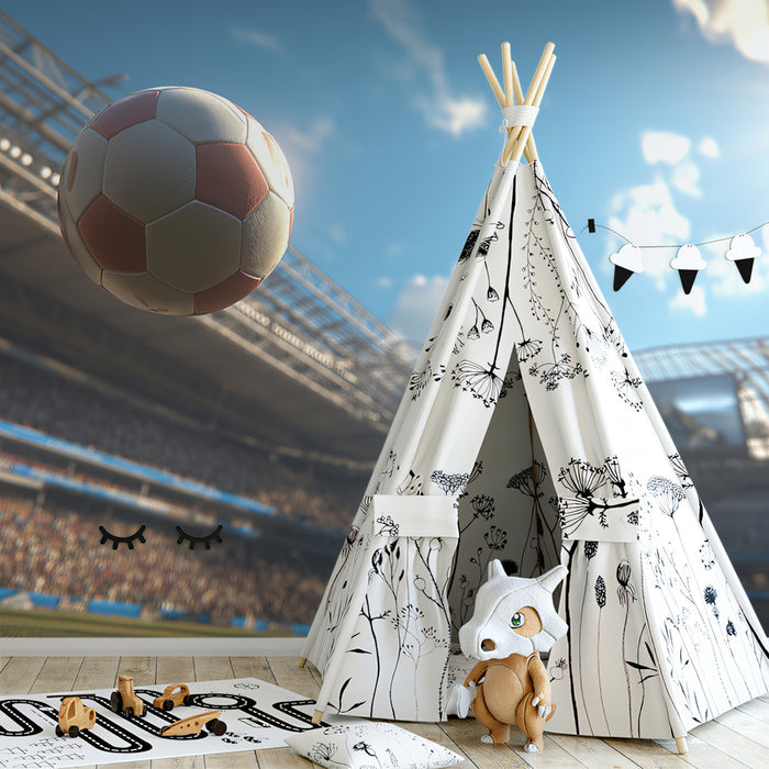 Match Day Ball in Air Mural Wallpaper | Sunny Stadium View, Wide Angle, Bright Sports Photography