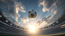 Soccer ball floating in a sun-filled stadium sky with circular architectural stadium roof lines.