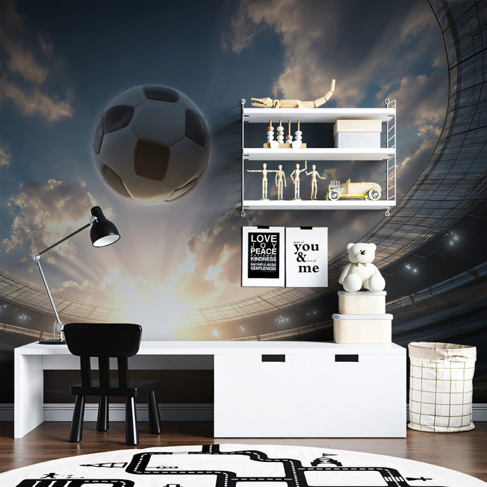 Study interior with a sports stadium sky wall mural for an energetic atmosphere.