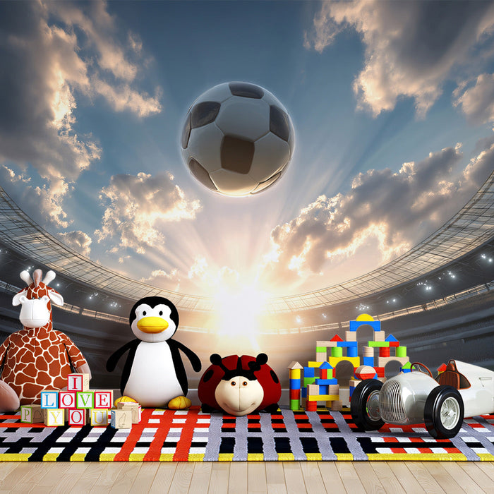 Teen boy playroom featuring a stadium sky mural behind a modern wooden bed frame.