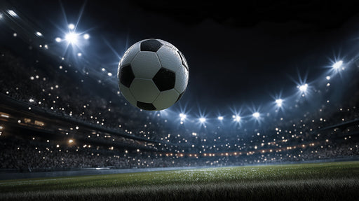 Close up of a soccer ball hovering over a dark grass field under bright stadium spotlights