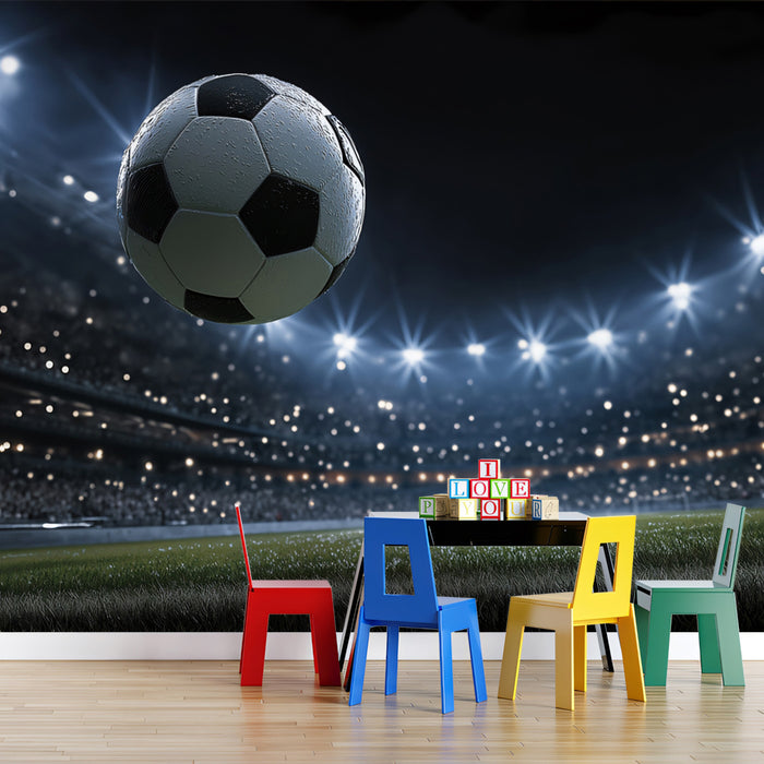 Night Match Spotlight Soccer Mural Wallpaper | Dark Arena Drama, Luminous Field, Cinematic Sports Action