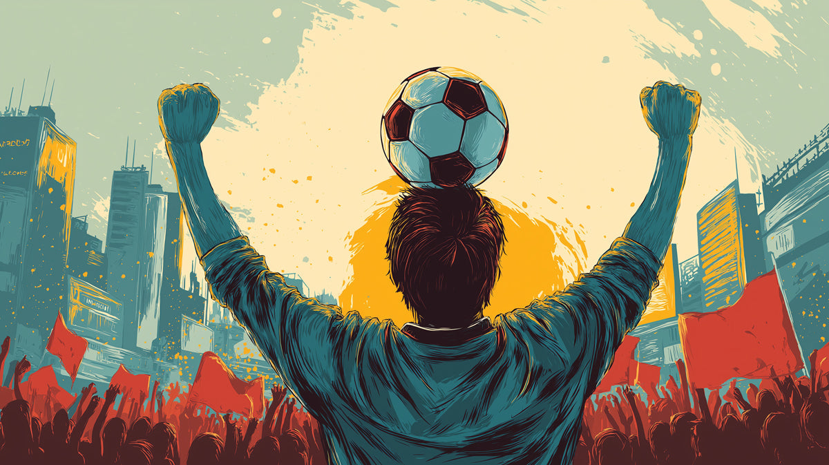 Illustrative mural of a soccer fan with raised arms and a ball against a golden sun and urban stadium backdrop.
