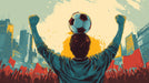 Illustrative mural of a soccer fan with raised arms and a ball against a golden sun and urban stadium backdrop.