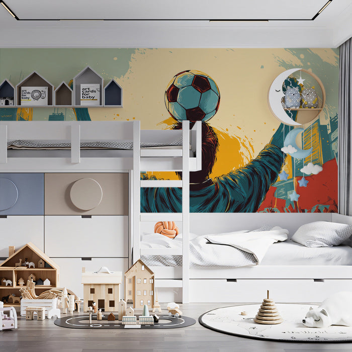 Basement hangout area styled with a soccer stadium celebration wallpaper mural.