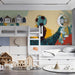 Basement hangout area styled with a soccer stadium celebration wallpaper mural.