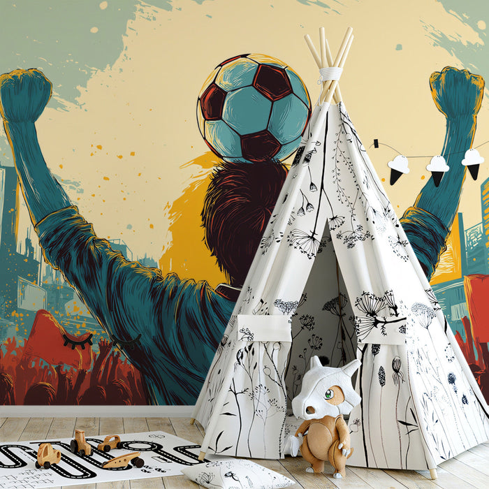Teenage bedroom featuring a vibrant soccer victory mural on the main feature wall.