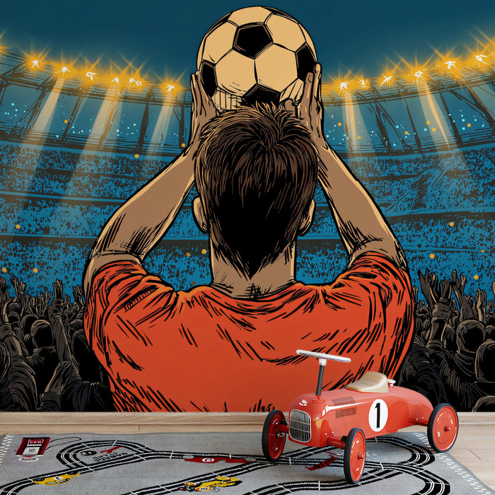 Fan's Perspective Victory Mural Wallpaper | Comic Book Style, Stadium Floodlights, Crowd Immersion