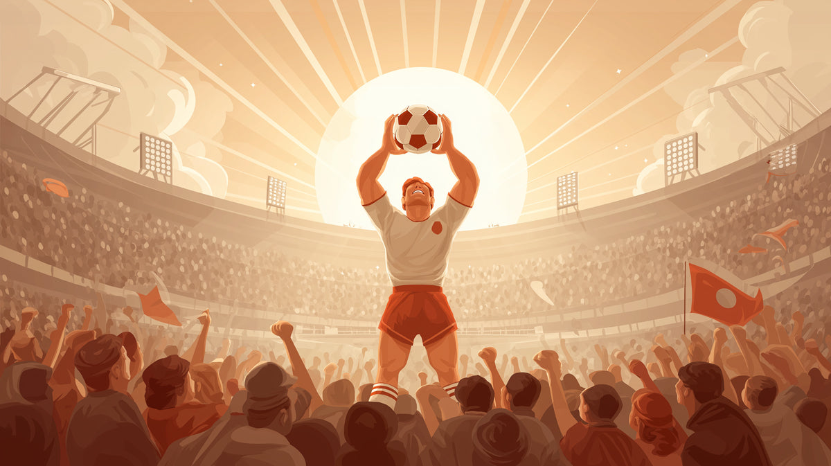 Heroic Athlete Golden Light Mural Wallpaper | Retro Illustration, Triumphant Pose, High-Contrast Sunshine