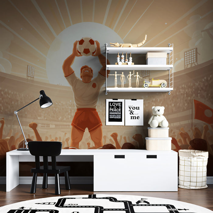 Heroic Athlete Golden Light Mural Wallpaper | Retro Illustration, Triumphant Pose, High-Contrast Sunshine