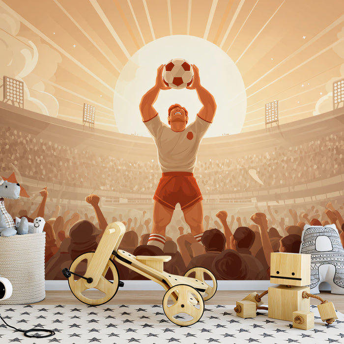 Heroic Athlete Golden Light Mural Wallpaper | Retro Illustration, Triumphant Pose, High-Contrast Sunshine