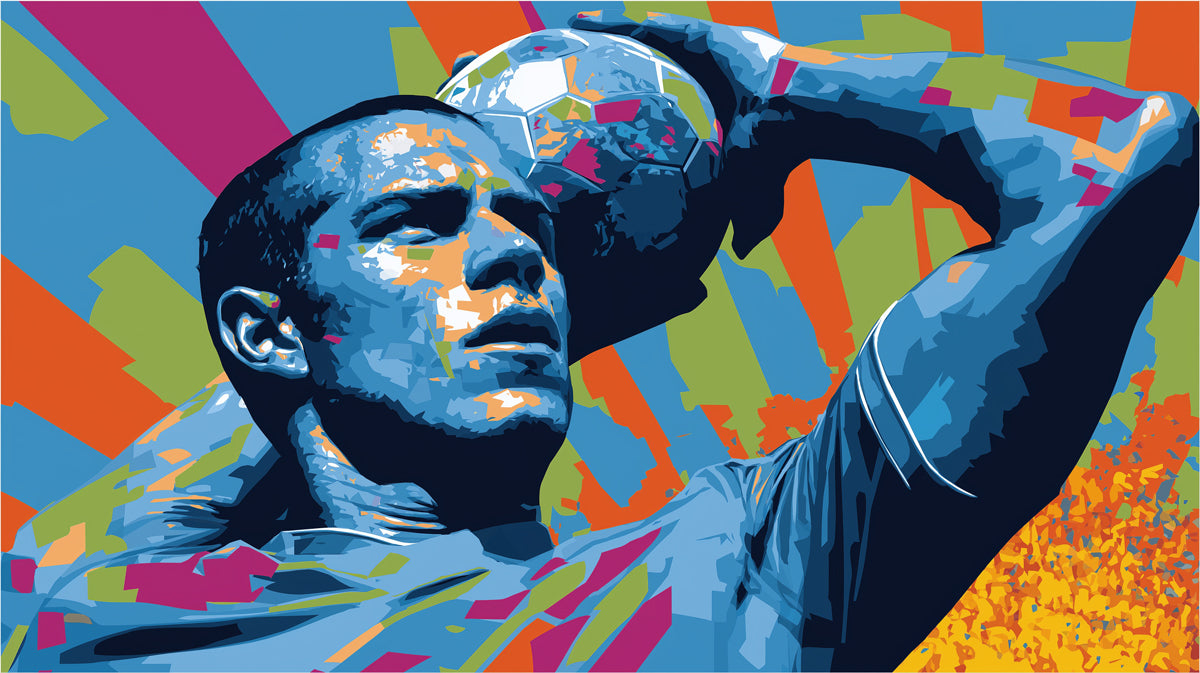 Abstract Pop Art Footballer Mural Wallpaper | Cold Blue Palette, Geometric Blocks, Dynamic Vector Portrait