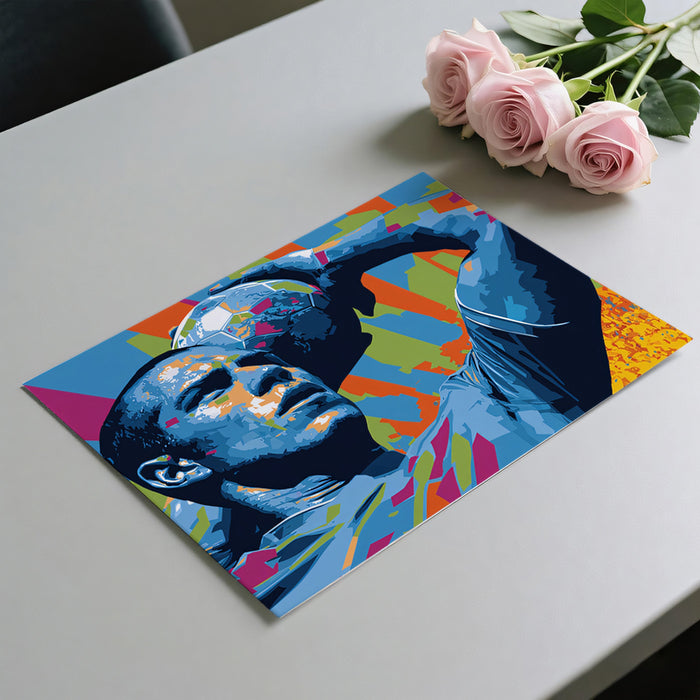 Abstract Pop Art Footballer Mural Wallpaper | Cold Blue Palette, Geometric Blocks, Dynamic Vector Portrait