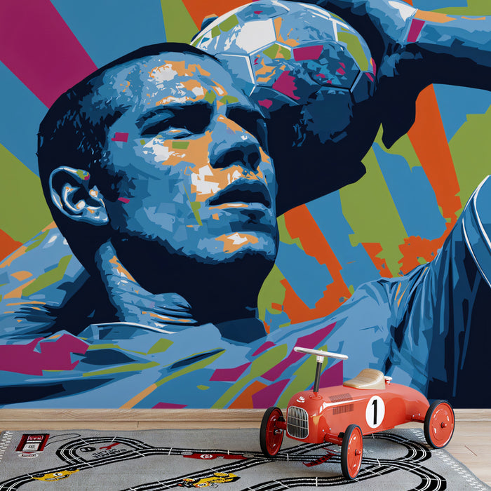 Abstract Pop Art Footballer Mural Wallpaper | Cold Blue Palette, Geometric Blocks, Dynamic Vector Portrait
