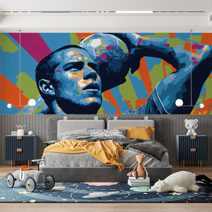 Abstract Pop Art Footballer Mural Wallpaper | Cold Blue Palette, Geometric Blocks, Dynamic Vector Portrait